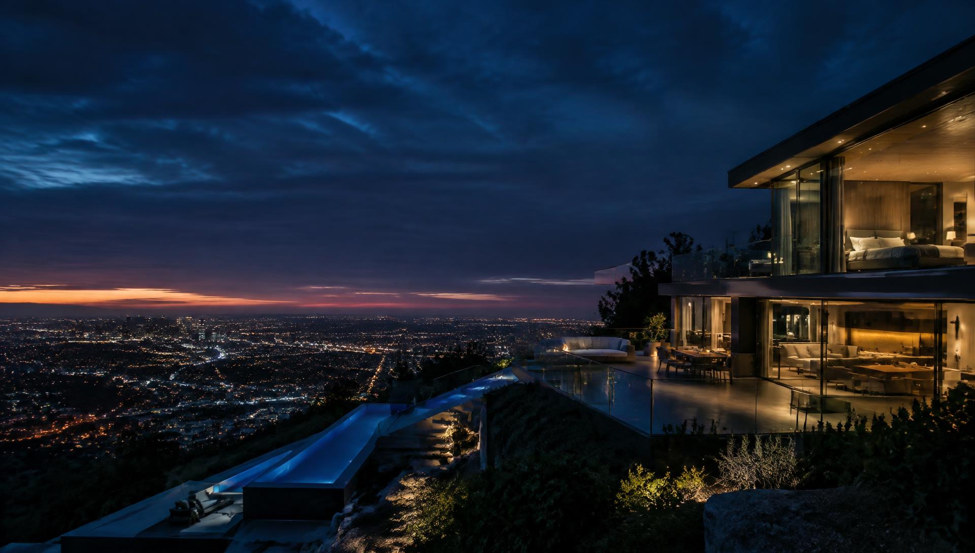 Glass hillside residence at dusk above city lights