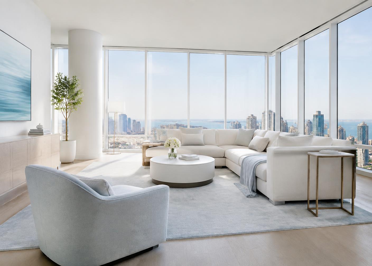 Bright living room with city views